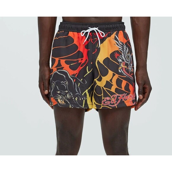 Ed Hardy Panther Swim Trunks Shorts Men's XL Black 6" Inseam Nova Men